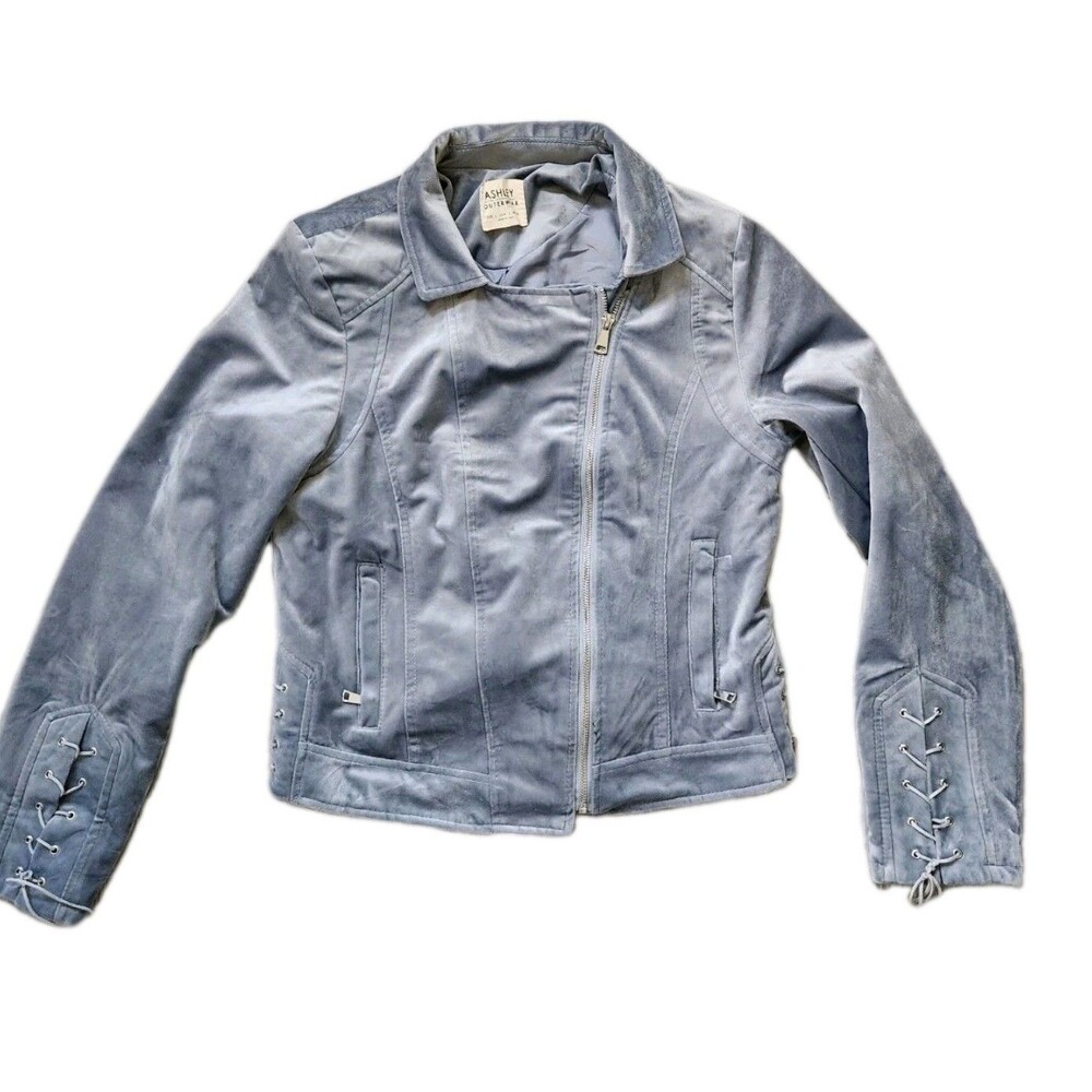 Ashley Outerwear Velvet Moto Jacket Side Tie Detail Blue Gray Sz L EUC